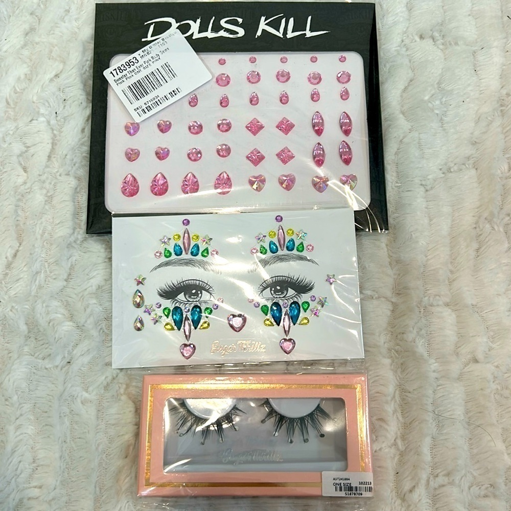 SUGAR THRILLZ DOLLS KILL MAKE UP FACE GEM & EYELASHES BUNDLE NEW W TAGS PINK